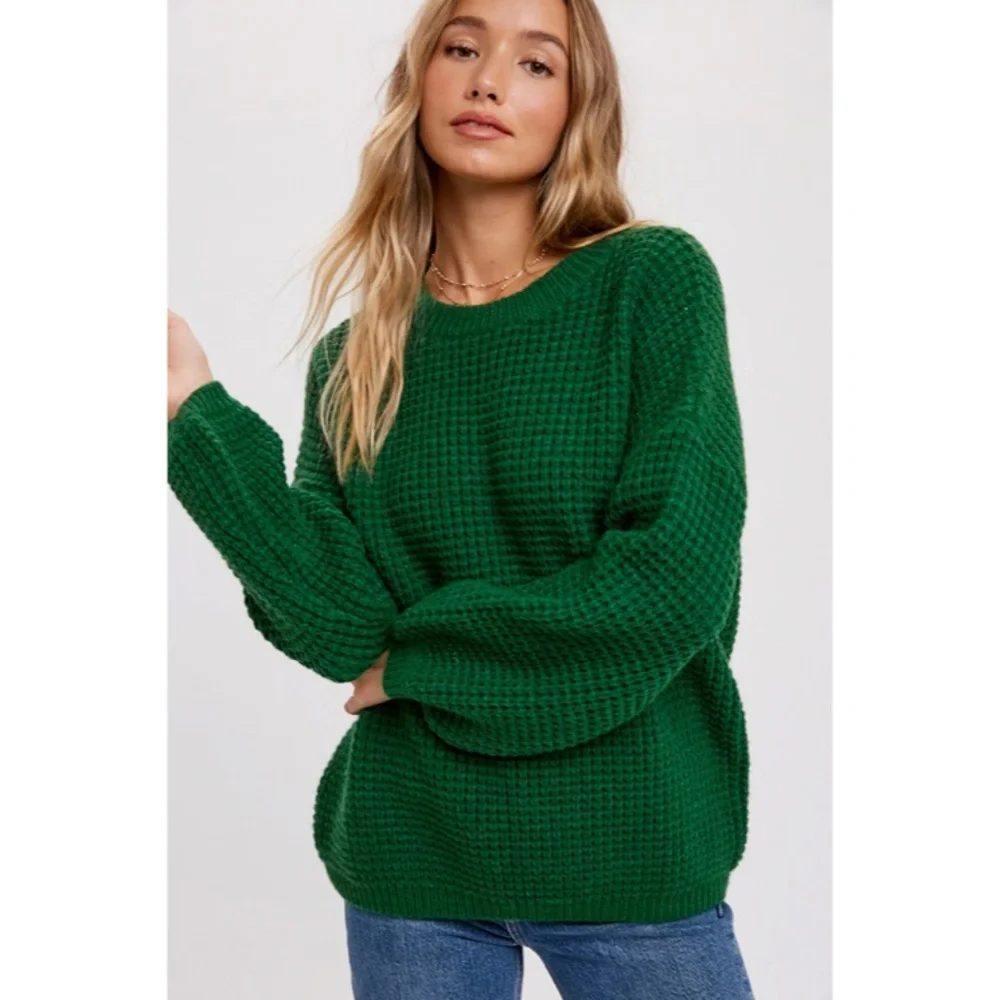 SOLD OUT Forest Green Waffle Knit Pullover Chunky Wide Puff Sleeve Casual - Picture 3 of 8